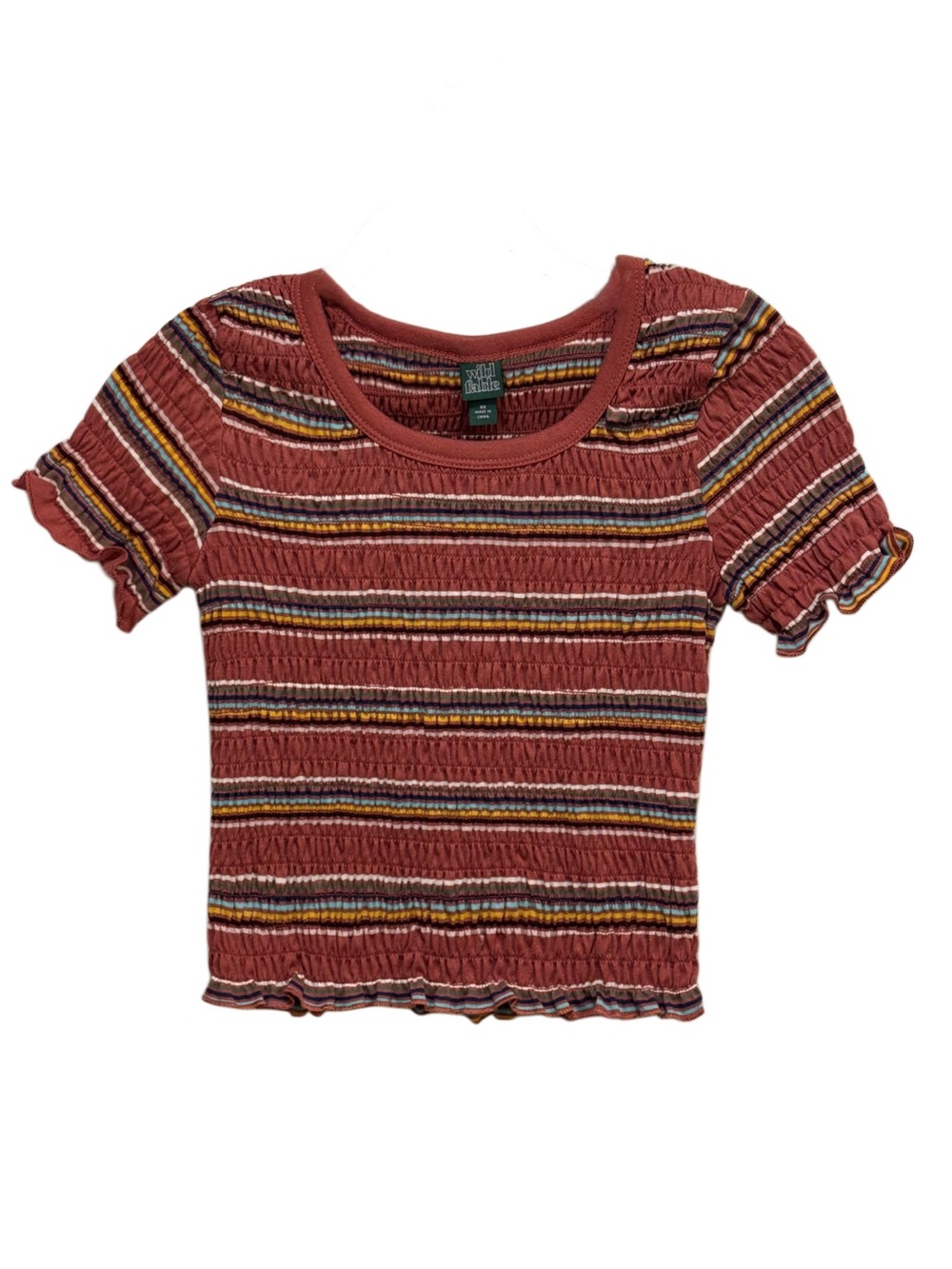 Wild Fable Retro Style Cropped Smocked Stripe Ruffle Hem Shirt in Rust & Multi